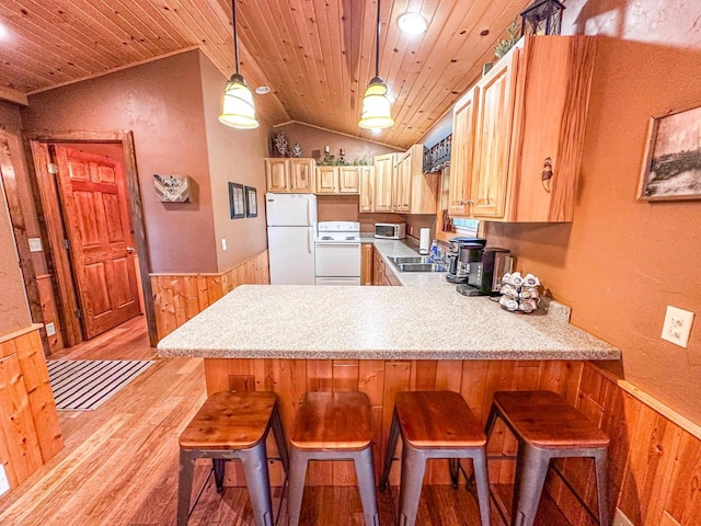 kitchen featuring wood ceiling, light hardwood / wood-style floors, lofted ceiling, kitchen peninsula, and white appliances