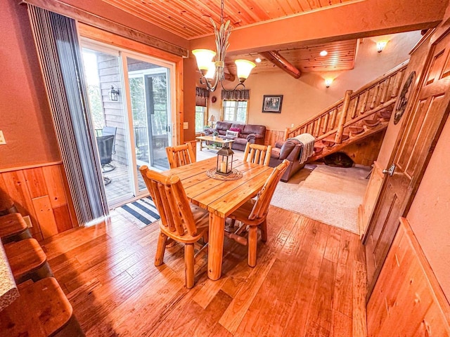 dining space featuring beamed ceiling, wood walls, wood-type flooring, wooden ceiling, and an inviting chandelier