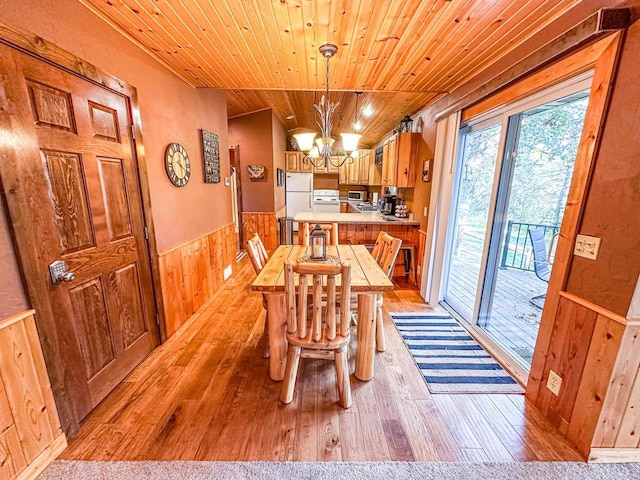 dining room with an inviting chandelier, light wood-type flooring, wooden ceiling, and wooden walls