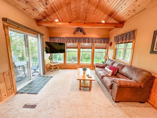 living room with beam ceiling, plenty of natural light, and carpet floors