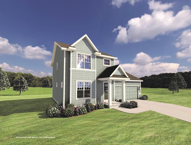 view of front of property with a front lawn and a garage