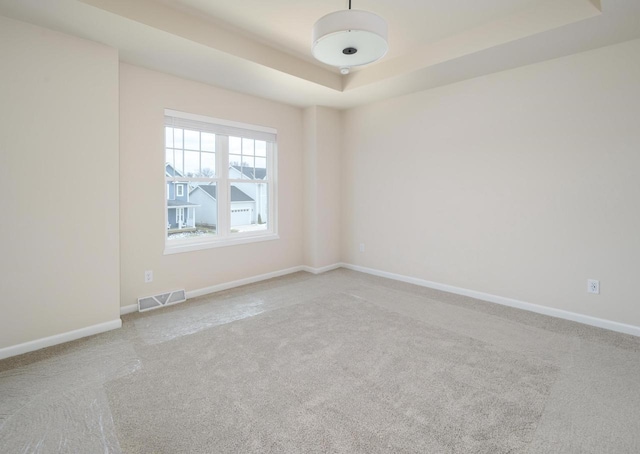 spare room with carpet flooring and a tray ceiling