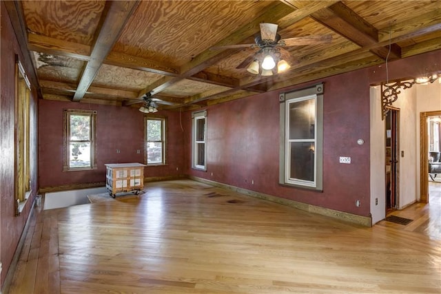 unfurnished living room featuring beam ceiling, light hardwood / wood-style floors, coffered ceiling, and ceiling fan