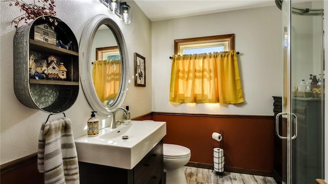 bathroom with hardwood / wood-style floors, vanity, a shower with shower door, and toilet