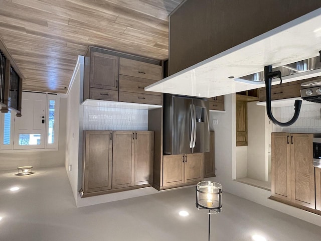 interior space featuring tasteful backsplash and wooden ceiling