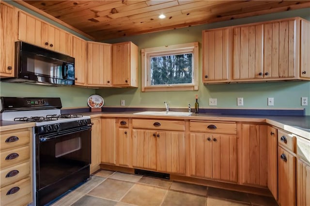 14665 W Buckeye Ln, Stone Lake, WI 54876 - kitchen featuring black appliances, wooden ceiling, light brown cabinets, a sink, and light tile patterned floors