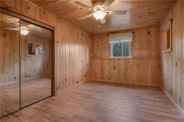 14665 W Buckeye Ln, Stone Lake, WI 54876 - spare room featuring ceiling fan, light wood-type flooring, wood ceiling, and wooden walls