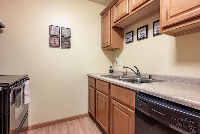 kitchen featuring light wood-type flooring, stainless steel electric range, dishwasher, and sink