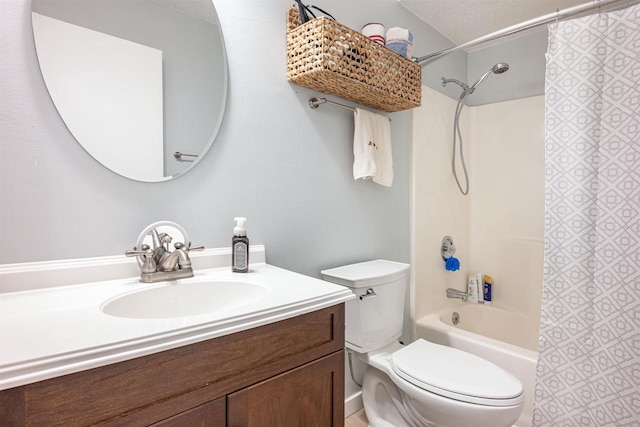 full bathroom with vanity, shower / bath combo with shower curtain, toilet, and a textured ceiling