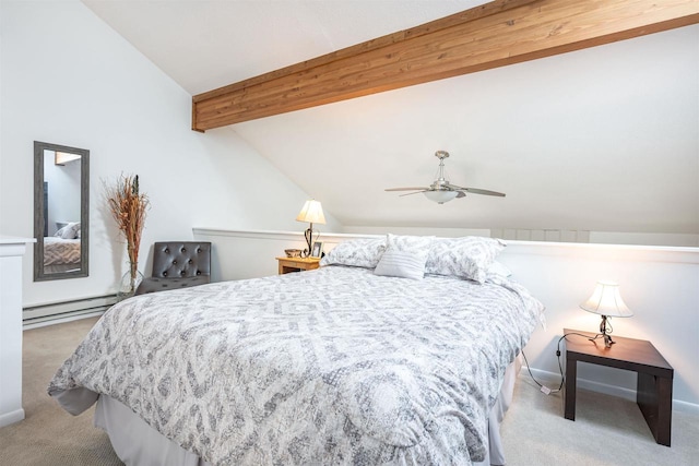 carpeted bedroom with vaulted ceiling with beams, ceiling fan, and baseboard heating