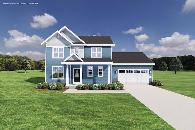 view of front of property featuring a front lawn and a garage