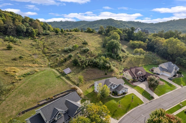 drone / aerial view featuring a mountain view