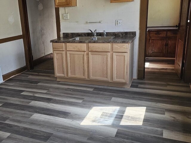 kitchen with light brown cabinetry, dark hardwood / wood-style floors, and sink