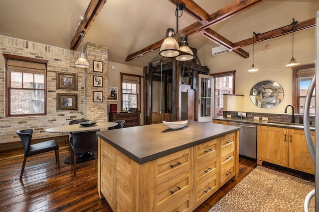 kitchen featuring dishwasher, sink, beam ceiling, dark hardwood / wood-style flooring, and brick wall