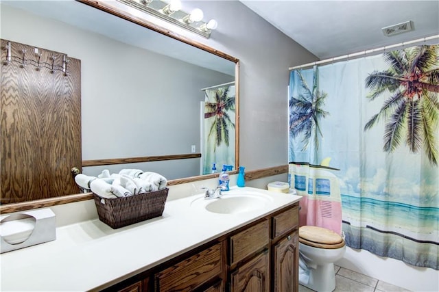 full bathroom with vanity, toilet, tile patterned floors, and shower / bath combination with curtain