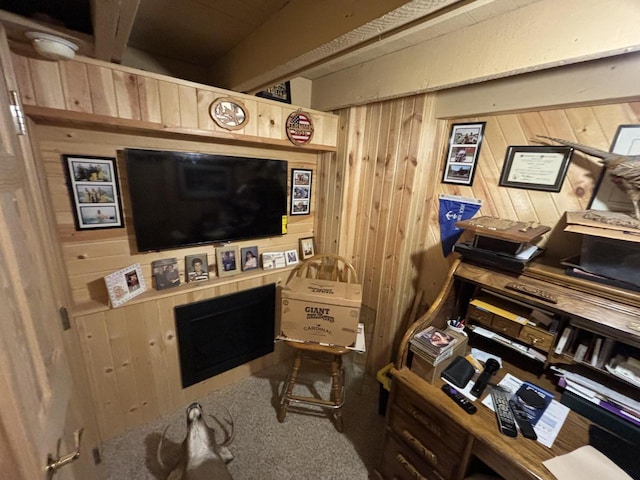 interior space featuring wooden walls