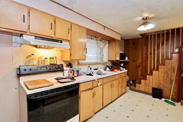 kitchen with white electric stove and wooden walls