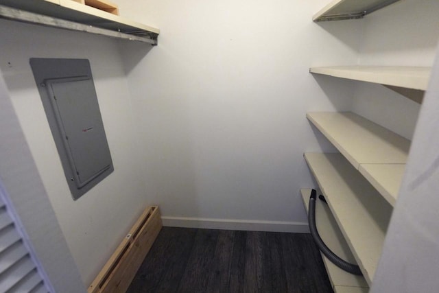 interior space featuring electric panel and dark hardwood / wood-style flooring