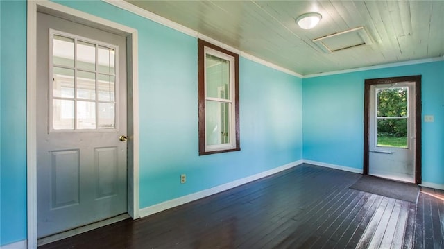 doorway featuring ornamental molding, wooden ceiling, and dark hardwood / wood-style floors