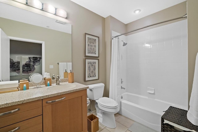 full bathroom with shower / tub combo, tile patterned floors, vanity, and toilet