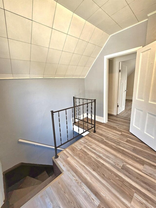 additional living space with baseboards, wood finished floors, and vaulted ceiling