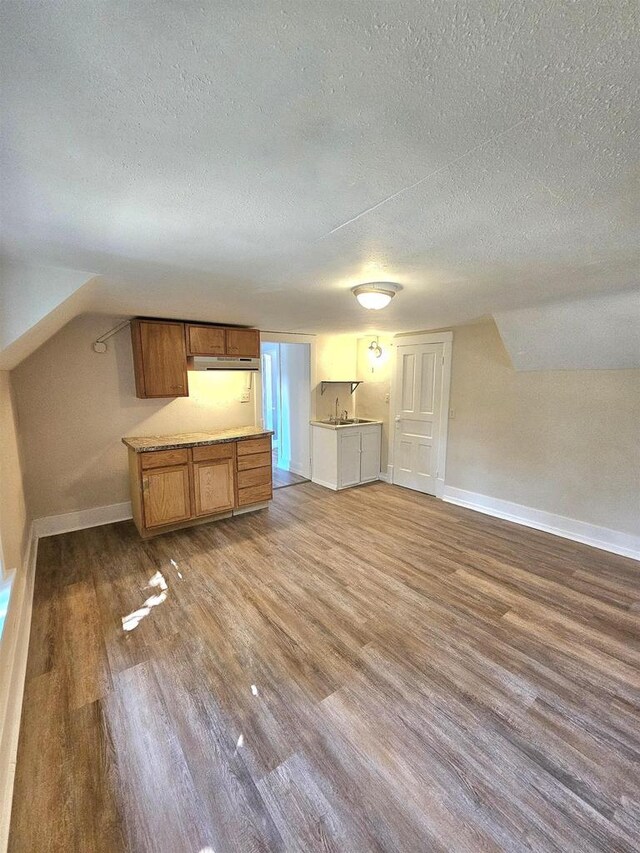 kitchen with a sink, baseboards, a textured ceiling, and wood finished floors