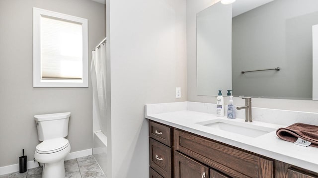 full bathroom with vanity, toilet, and shower / bath combination with curtain