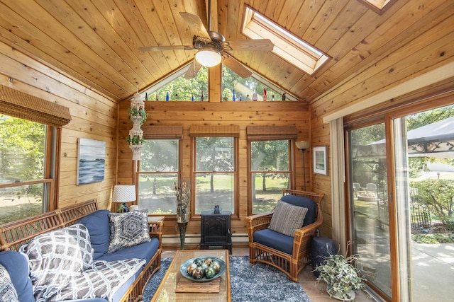 sunroom / solarium with a wood stove, ceiling fan, vaulted ceiling with skylight, a baseboard radiator, and wood ceiling