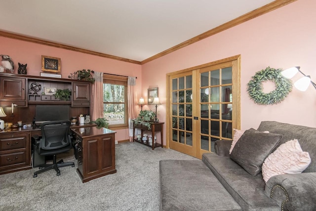 office space with ornamental molding, light colored carpet, and french doors