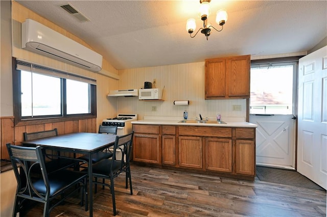 kitchen with lofted ceiling, sink, white appliances, dark hardwood / wood-style floors, and a notable chandelier