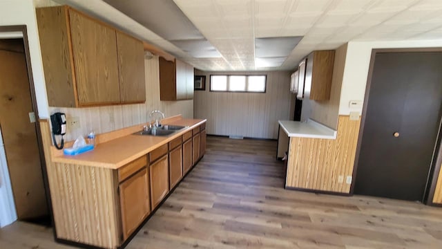 kitchen with light wood-type flooring, a paneled ceiling, and sink