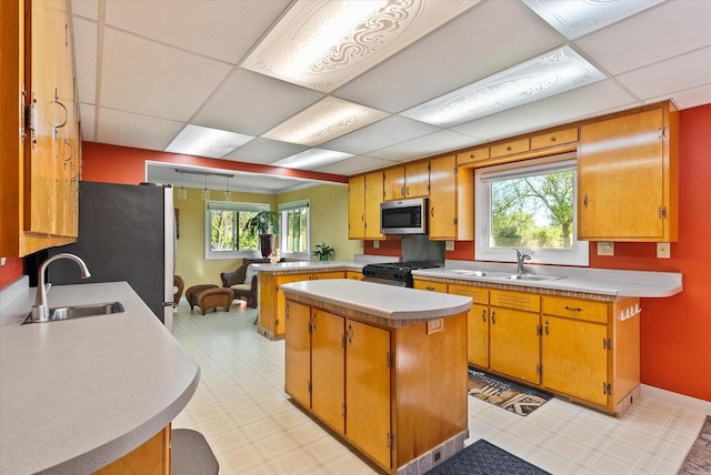 kitchen with appliances with stainless steel finishes, a paneled ceiling, and sink