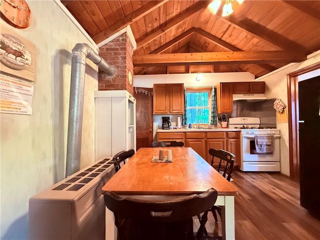 kitchen featuring wooden ceiling, vaulted ceiling with beams, dark wood-type flooring, and white gas range oven