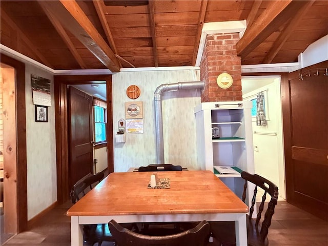 dining space with vaulted ceiling with beams, hardwood / wood-style flooring, wood ceiling, and wood walls