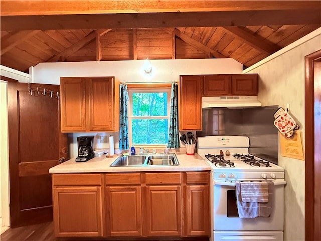 kitchen featuring lofted ceiling with beams, wood ceiling, hardwood / wood-style flooring, sink, and white range with gas stovetop