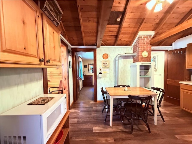 dining space with lofted ceiling with beams, dark hardwood / wood-style flooring, and wooden ceiling