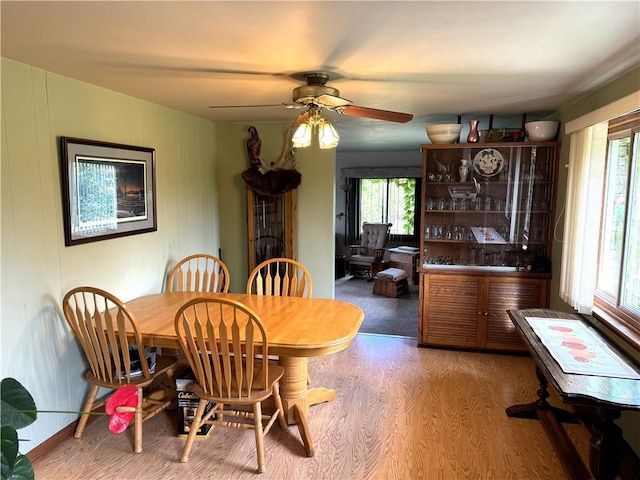 dining space featuring hardwood / wood-style floors, ceiling fan, and a wealth of natural light