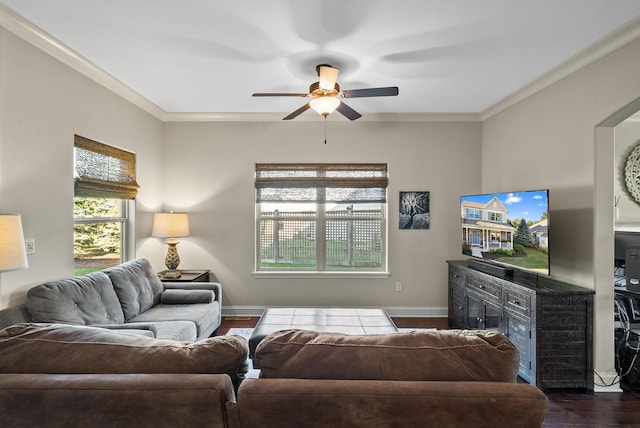 living room featuring ornamental molding, ceiling fan, and dark hardwood / wood-style floors