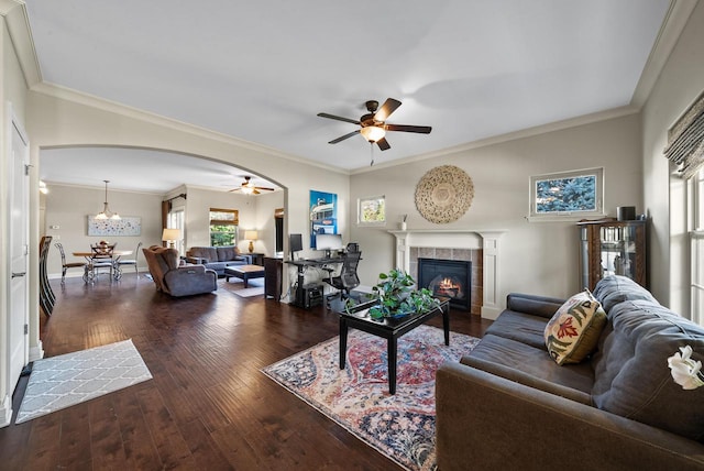 living room featuring a tiled fireplace, ceiling fan, dark hardwood / wood-style floors, and crown molding