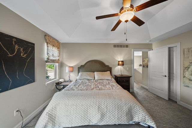 carpeted bedroom with ceiling fan