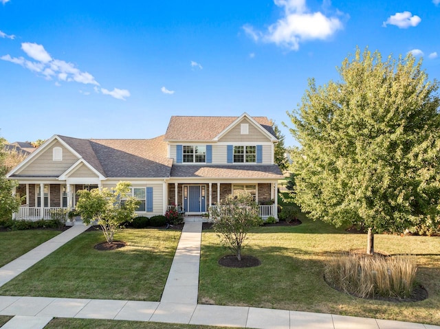 view of front of house featuring covered porch and a front yard