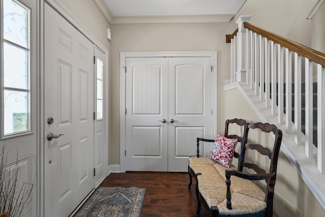 foyer featuring ornamental molding, dark wood-type flooring, and a wealth of natural light