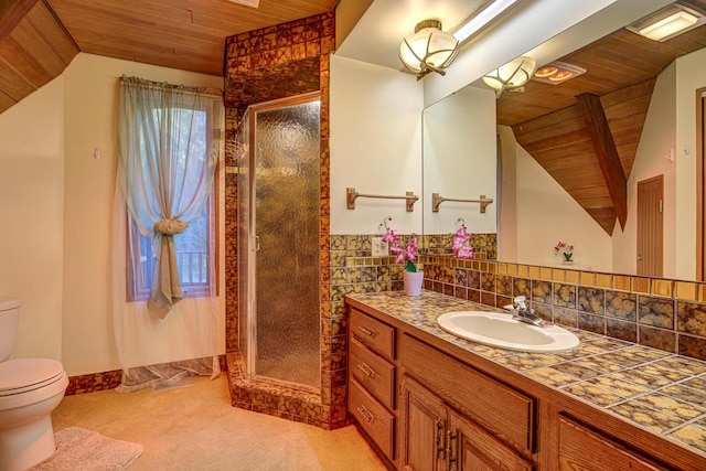 bathroom with a shower with door, toilet, wooden ceiling, and vaulted ceiling