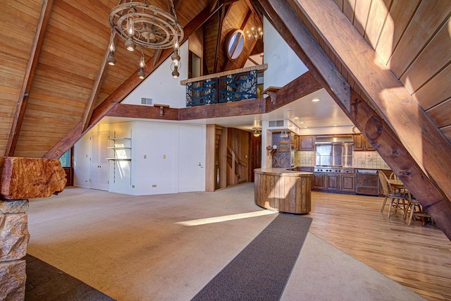 interior space featuring wood ceiling, beamed ceiling, high vaulted ceiling, and light wood-type flooring