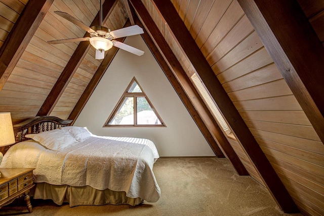 bedroom with wood ceiling, lofted ceiling with beams, carpet floors, and ceiling fan