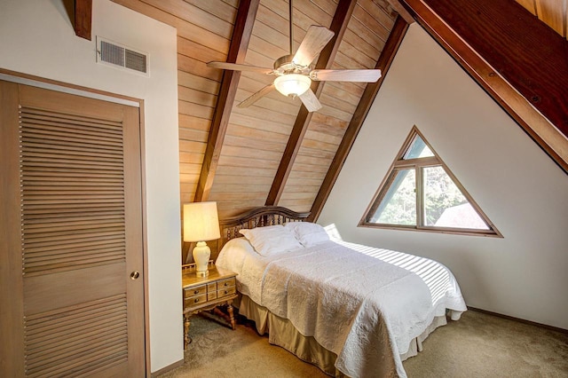 bedroom featuring light carpet, ceiling fan, high vaulted ceiling, wooden ceiling, and beamed ceiling