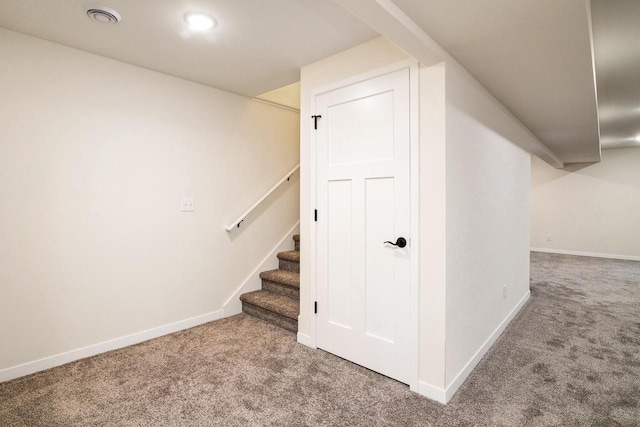 staircase featuring carpet