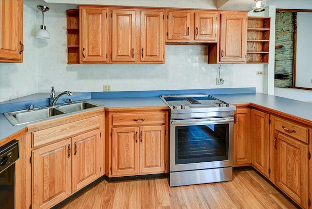 2809 Dewey Ct, Middleton, WI 53562 - kitchen with a sink, open shelves, stainless steel electric range, light wood-type flooring, and black dishwasher