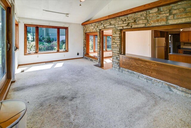 2809 Dewey Ct, Middleton, WI 53562 - interior space featuring carpet flooring, visible vents, baseboards, rail lighting, and lofted ceiling