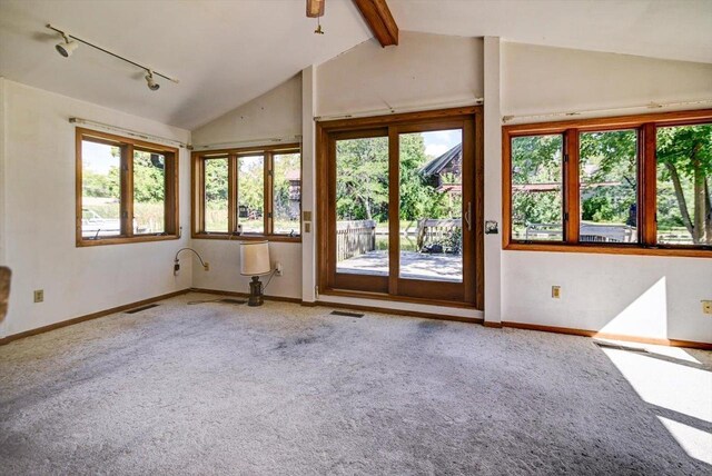 2809 Dewey Ct, Middleton, WI 53562 - interior space with baseboards, vaulted ceiling with beams, visible vents, and track lighting